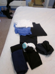 Lounging pants and top, tights, trouser socks, footies, off black hose.