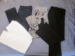Jeans, white and black pants, and black and white drape pants